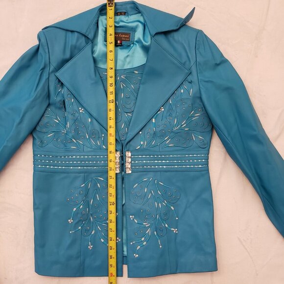 Donna Lepure NY Blue Lambskin Leather Embellished jacket/skirt size 2L Vintage - Picture 7 of 16